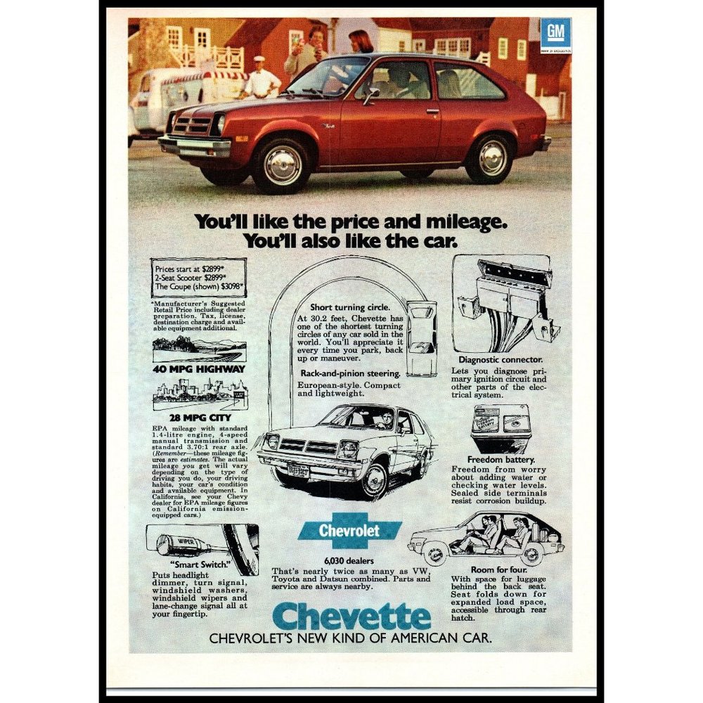 1976 Chevy Chevette Compact Hatchback Vintage Print Ad Milk Truck Man Wall Art
